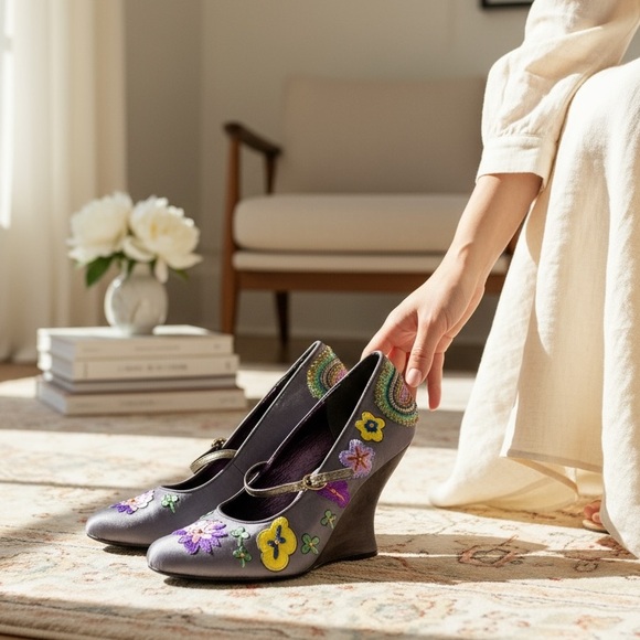 Funky Embellished Gray Satin Boho Charm  Wedges 8.5 - Picture 1 of 15